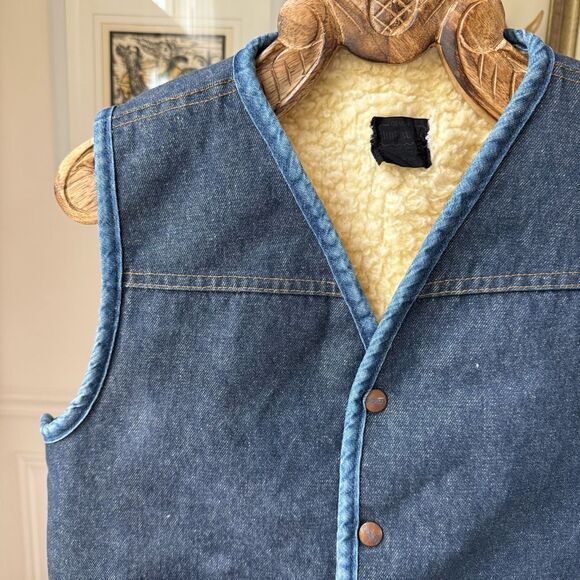 Vintage 70s Sears Roebuck Denim Snap Vest Sherpa Lining M - Picture 2 of 7